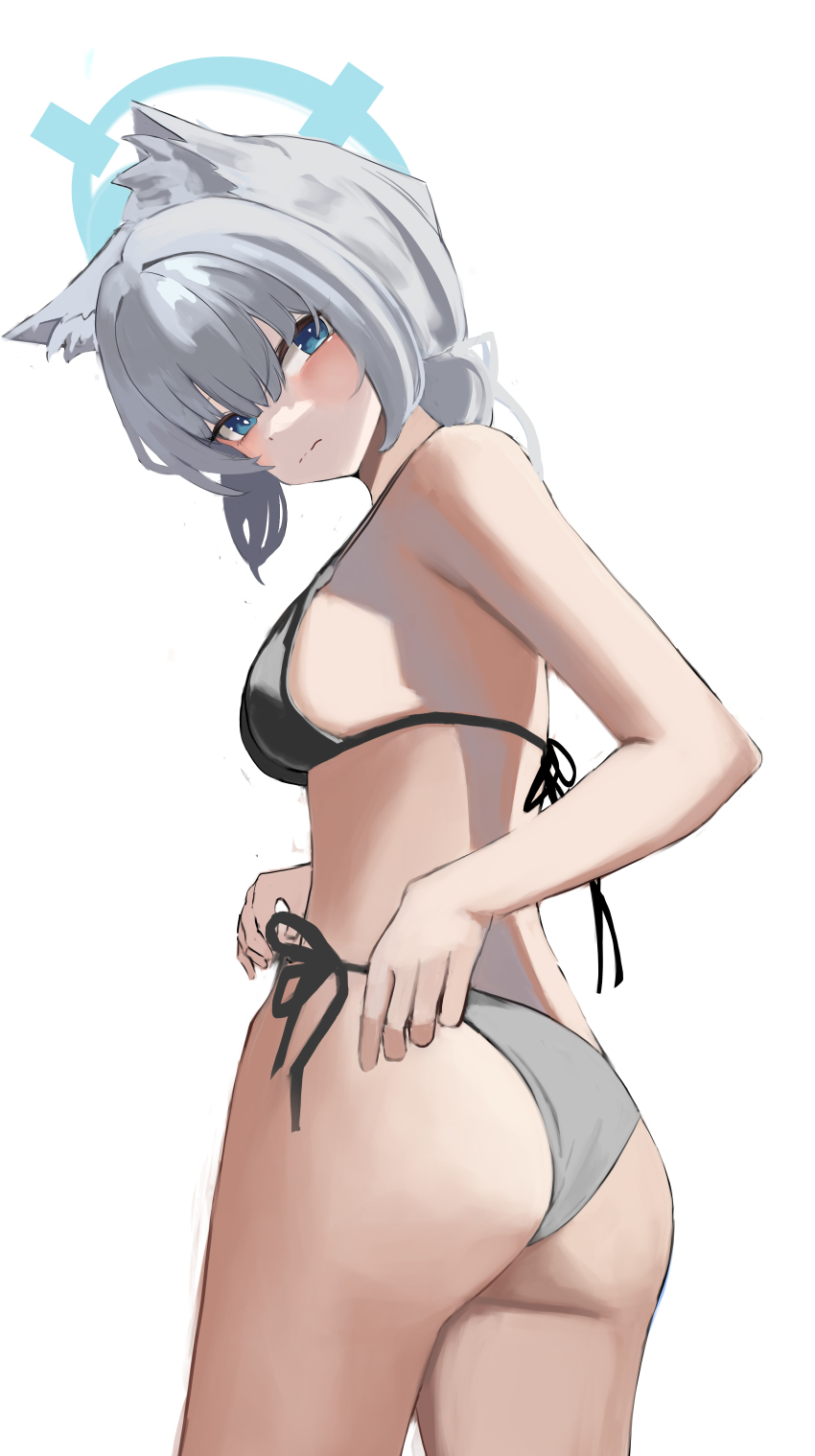 1girl, absurdres, alternate_costume, animal_ear_fluff, animal_ears, ass, bare_arms, bare_back, bare_shoulders, bikini, black_bikini, blue_archive, blue_halo, blush, breasts, closed_mouth, gong_e, grey_hair, hair_between_eyes, halo, highres, long_hair, looking_at_viewer, low_ponytail, ponytail, shiroko_(blue_archive), sidelocks, solo, swimsuit, wolf_ears, wolf_girl