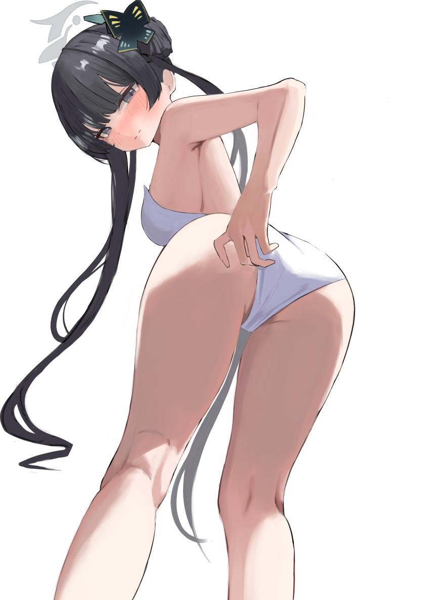 1girl, absurdres, alternate_breast_size_(larger), armpits, ass, bare_arms, bare_legs, bare_shoulders, black_hair, blue_archive, blush, breasts, butterfly_hair_ornament, closed_mouth, commentary, from_behind, gong_e, grey_eyes, grey_halo, hair_bun, hair_ornament, halo, highres, kisaki_(blue_archive), kneepits, large_breasts, leotard, long_hair, looking_at_viewer, sidelocks, simple_background, solo, strapless, strapless_leotard, twintails, white_background, white_leotard