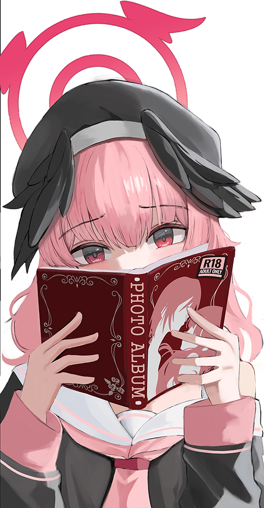 1girl, black_hat, black_wings, blue_archive, blush, covering_face, feathered_wings, gong_e