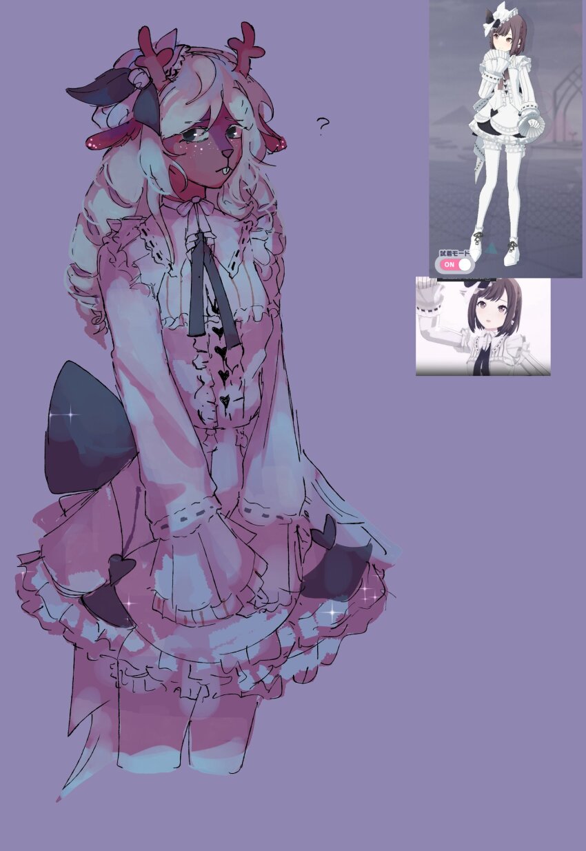 1girl, ?, animal_ears, antlers, black_eyes, black_ribbon, blonde_hair, buck_teeth