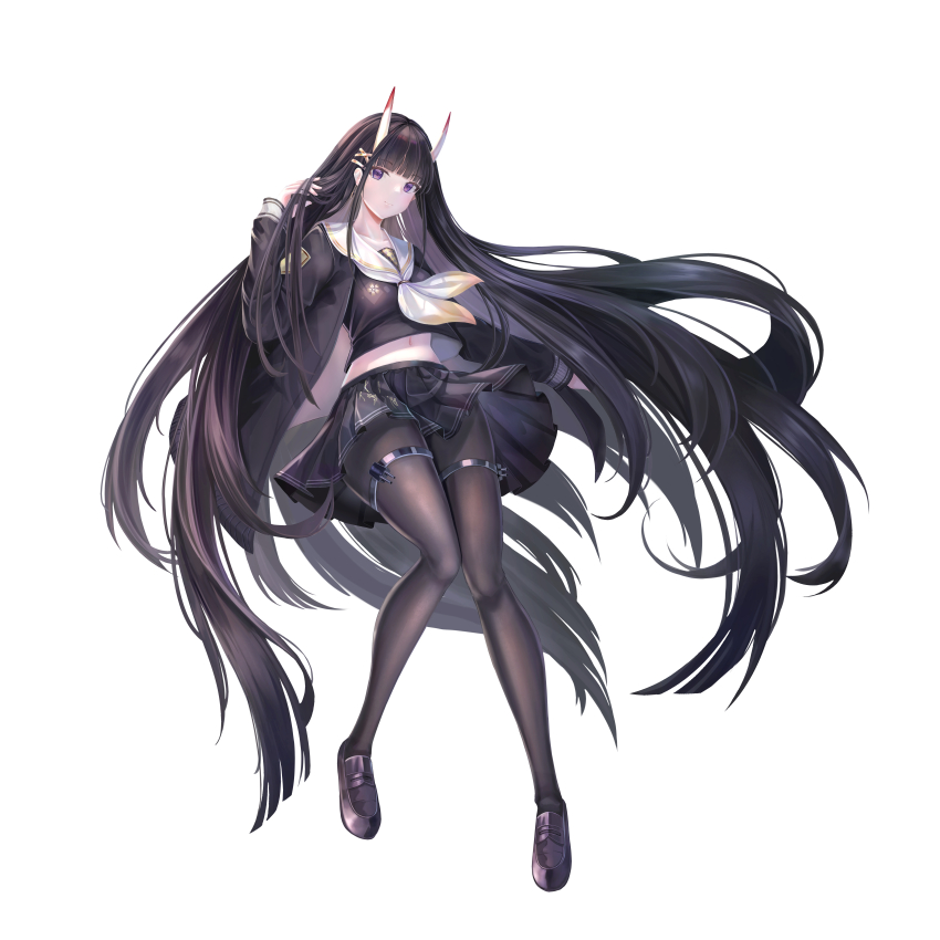 1girl, absurdres, azur_lane, birds-mix, black_cardigan, black_hair, black_pantyhose, black_shoes, black_skirt, breasts, cardigan, commentary_request, full_body, hair_ornament, hairclip, highres, horns, long_hair, long_sleeves, looking_at_viewer, medium_breasts, midriff_peek, neckerchief, noshiro_(azur_lane), oni, pantyhose, pleated_skirt, purple_eyes, sailor_collar, school_uniform, shoes, simple_background, skin-covered_horns, skirt, solo, thigh_strap, very_long_hair, white_background, white_neckerchief, white_sailor_collar, x_hair_ornament