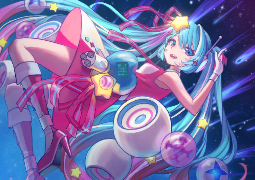 1girl, absurdres, aqua_eyes, aqua_hair, blue_necktie, boots, breasts, comet