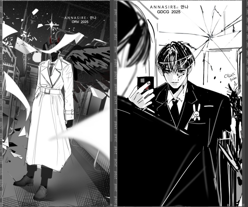 annasire, art_program_in_frame, black_hair, black_shirt, black_wings, blurry, blurry_foreground, broken_glass