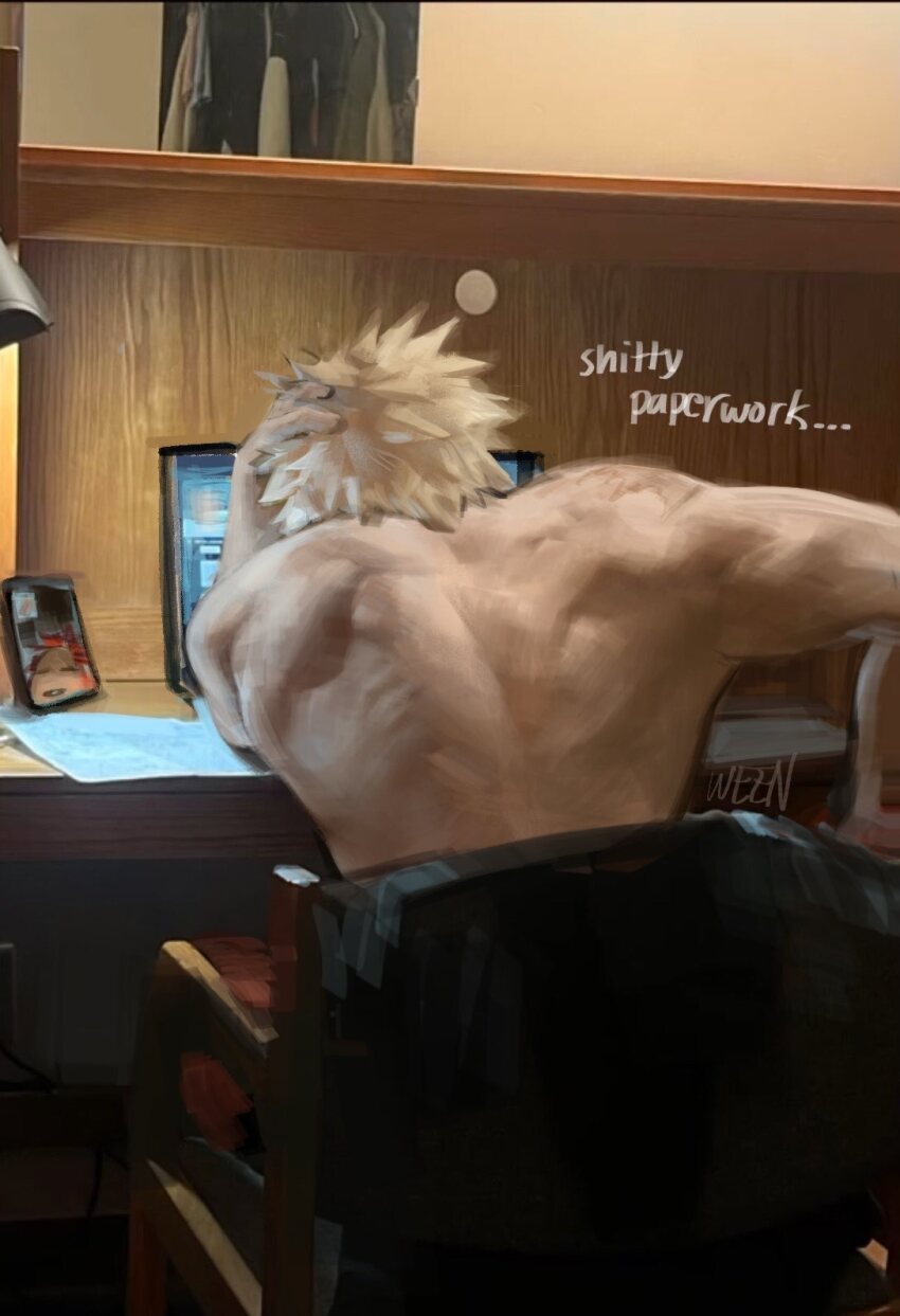 2boys, artist_name, back, bakugou_katsuki, blonde_hair, boku_no_hero_academia, cellphone, computer, english_text, from_behind, highres, kirishima_eijiro, laptop, male_focus, meme, multiple_boys, phone, photo-referenced, red_hair, short_hair, sitting, smartphone, solo_focus, spiked_hair, video_call, waking_up_to_this_(meme), weenizzzz
