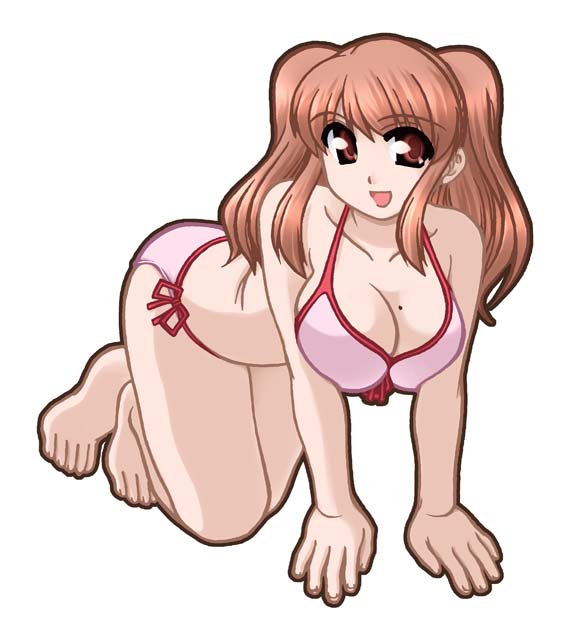 00s, 1girl, all_fours, asahina_mikuru, barefoot, bikini, breasts, brown_eyes