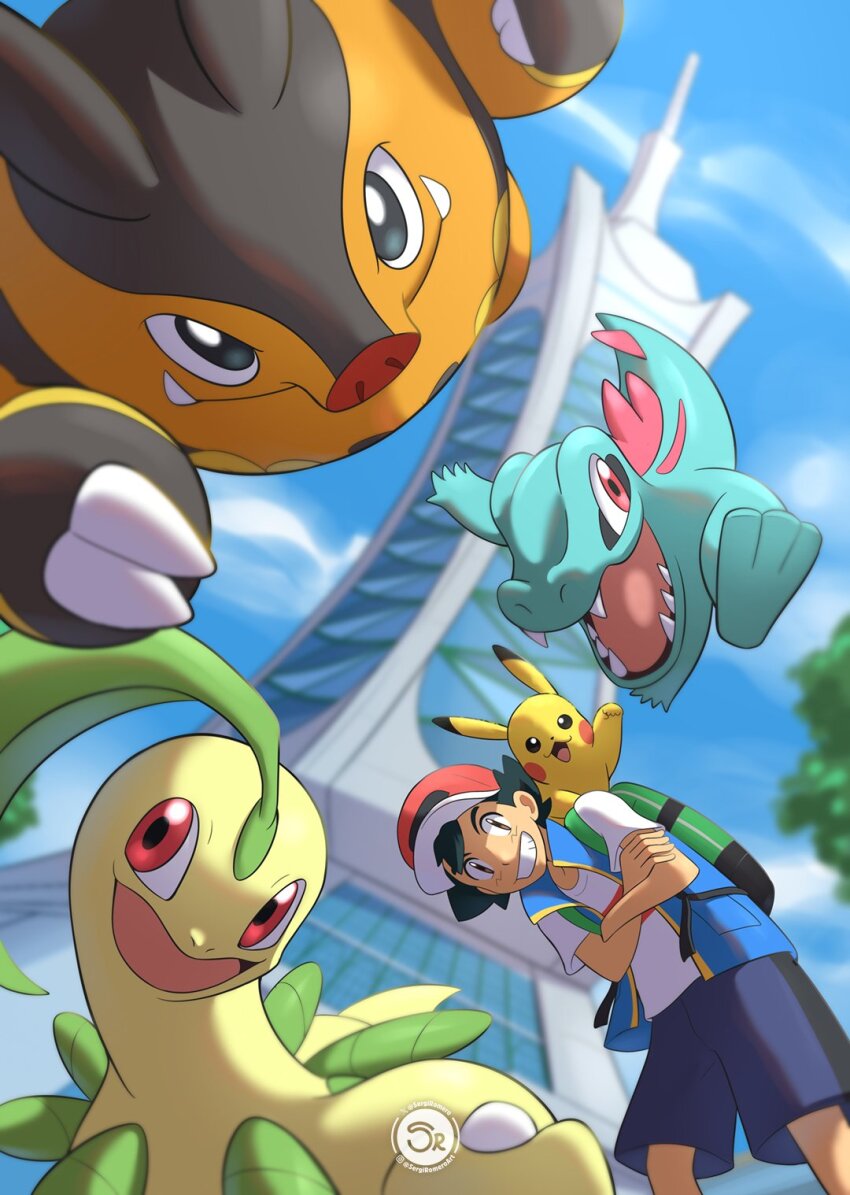 1boy, ash_ketchum, backpack, bag, baseball_cap, bayleef, black_hair, blue_jacket