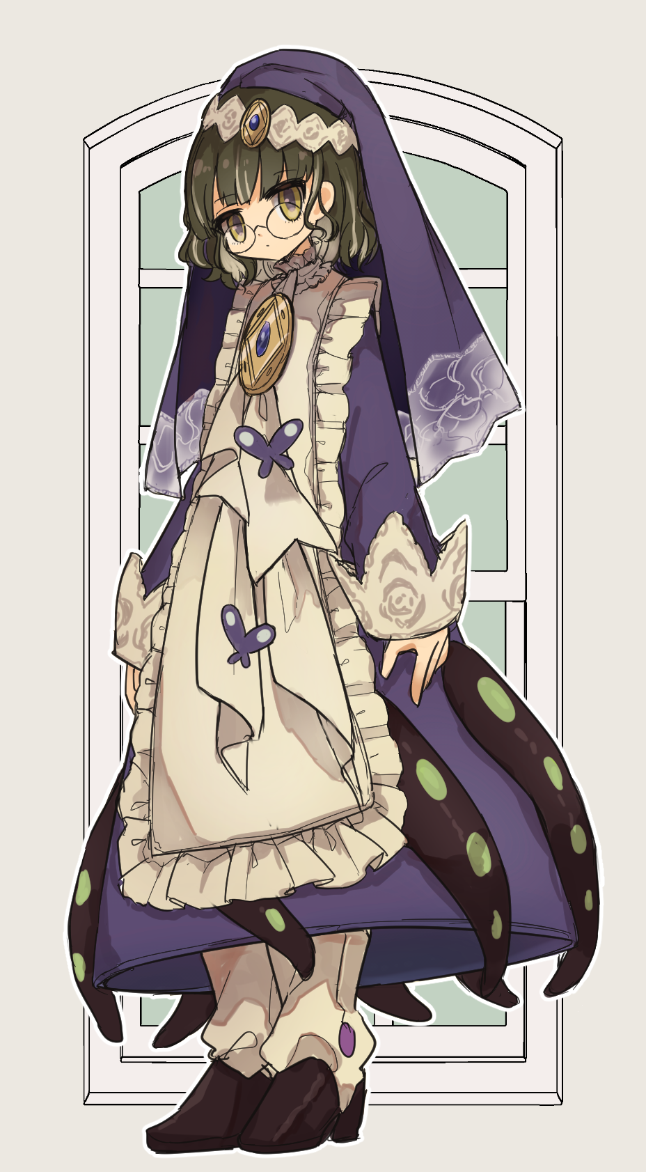 1girl, black_hair, boots, butter_run, dress, frilled_dress, frills, glasses