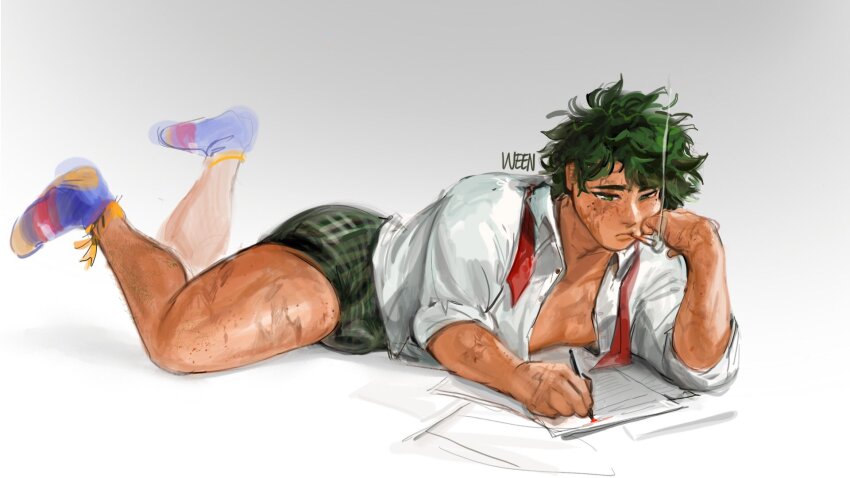 1boy, artist_name, body_freckles, boku_no_hero_academia, bulge, cigarette, freckles, green_eyes, green_hair, green_male_underwear, highres, holding, holding_pen, leg_hair, lying, male_focus, male_underwear, midoriya_izuku, mouth_hold, multiple_scars, necktie, on_stomach, open_clothes, open_shirt, papers, pen, red_necktie, scar, scar_on_face, scar_on_leg, short_hair, simple_background, smoke, smoking, socks, solo, thighs, unbuttoned, underwear, undone_necktie, unfinished, weenizzzz, white_background, writing