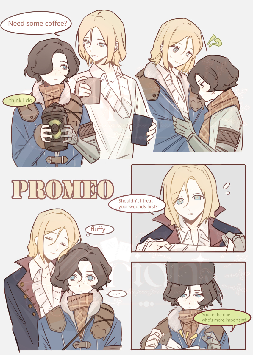 !?, 2boys, absurdres, black_hair, blonde_hair, blue_eyes, brown_scarf, closed_eyes, coffee_mug, commentary, cup, english_commentary, english_text, flying_sweatdrops, gemini_(lies_of_p), highres, holding, holding_cup, jippettoisback, lies_of_p, lies_of_p:_overture, male_focus, mug, multiple_boys, multiple_views, pinocchio_(lies_of_p), plaid_clothes, plaid_scarf, romeo_(lies_of_p), scarf, second-party_source, shirt, watermark, white_shirt, yaoi