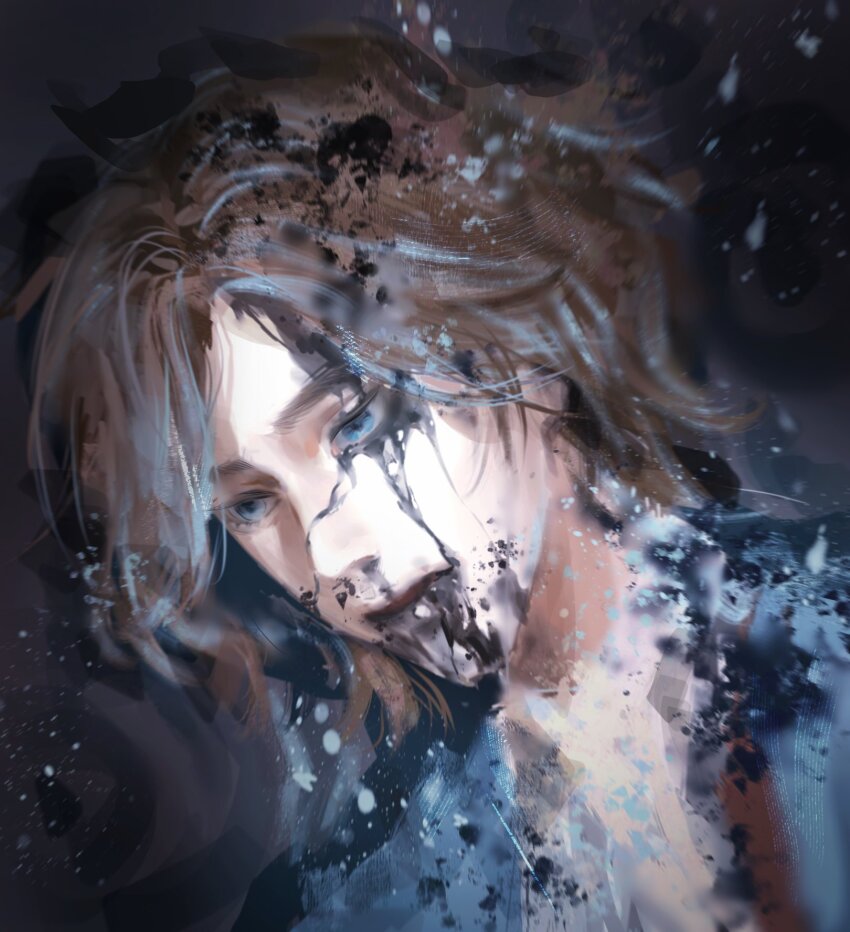 1boy, abstract, blue_eyes, brown_hair, closed_mouth, empty_eyes, hashtag-only_commentary, highres