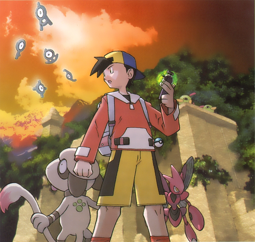 1990s_(style), 1boy, black_hair, cap_backwards, ethan_(pokemon), gen_2_pokemon, hat, natu