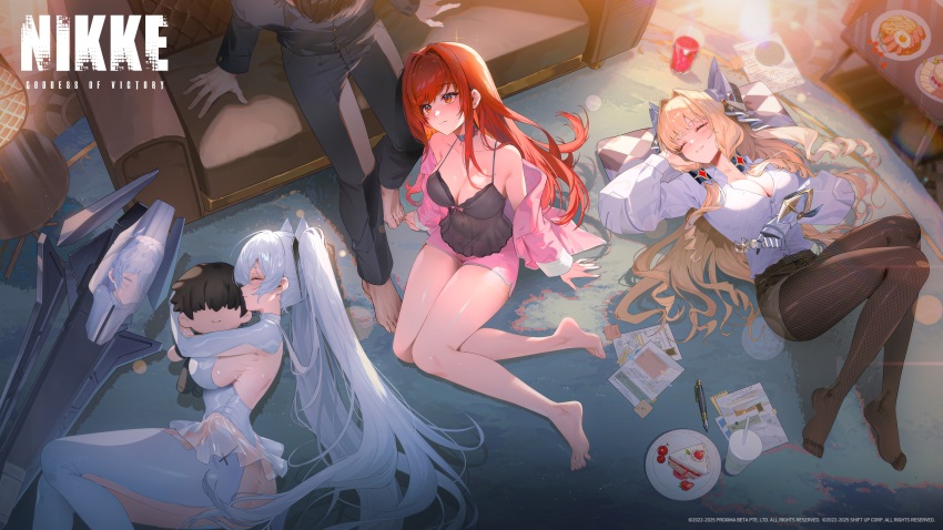 1boy, 3girls, ^, black_pants, black_pantyhose, black_shirt, blonde_hair, bodysuit