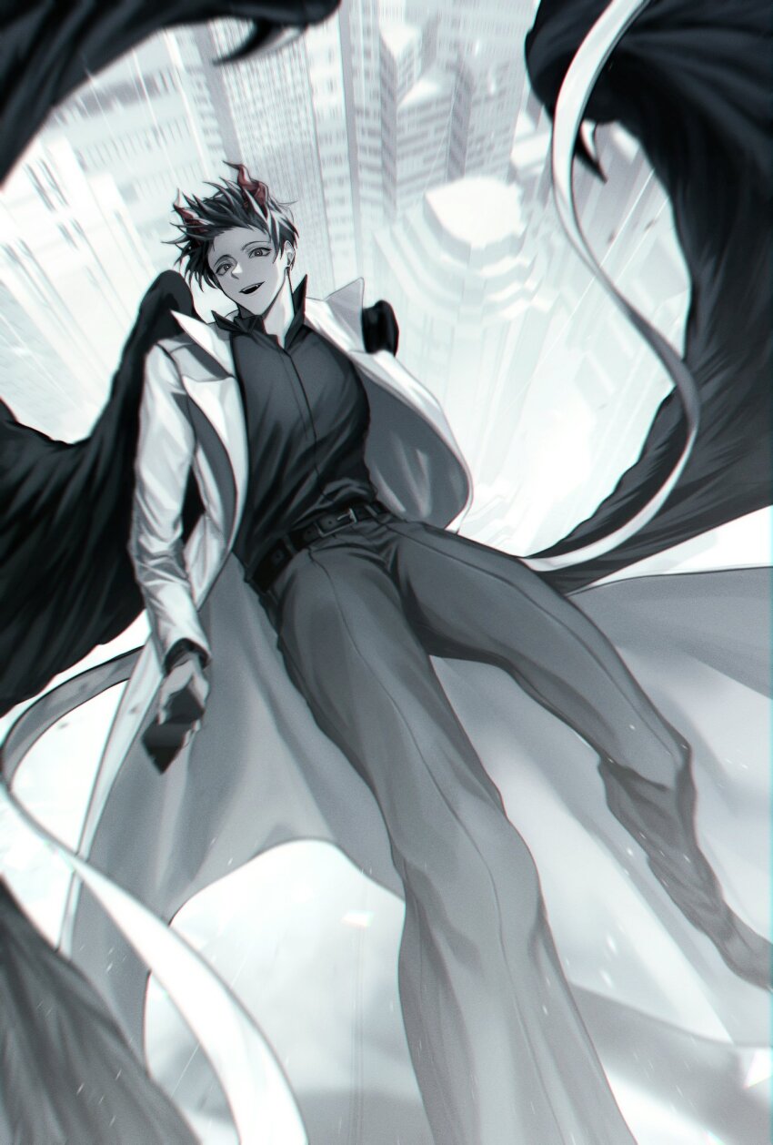 1boy, :d, black_eyes, black_hair, black_shirt, black_wings, blurry, chromatic_aberration, city, coat, collared_shirt, demon_horns, depth_of_field, falling, feathered_wings, foot_out_of_frame, from_above, full_body, highres, holding, holding_phone, horns, kim_dokja, looking_at_viewer, male_focus, narak, official_alternate_costume, omniscient_reader's_viewpoint, open_clothes, open_coat, open_mouth, phone, popped_collar, shirt, short_hair, smile, solo, white_coat, wings