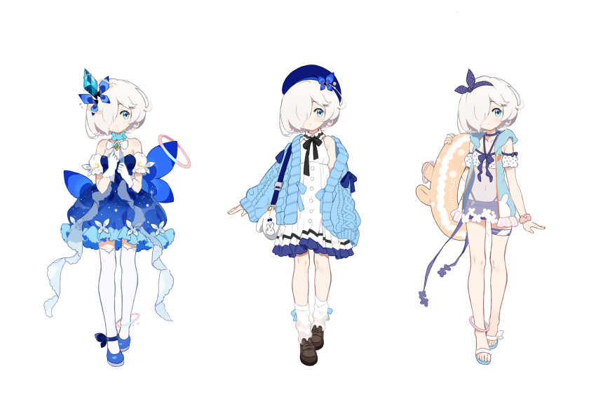 1girl, beret, blue_dress, blue_eyes, blue_jacket, bow, closed_mouth, dress