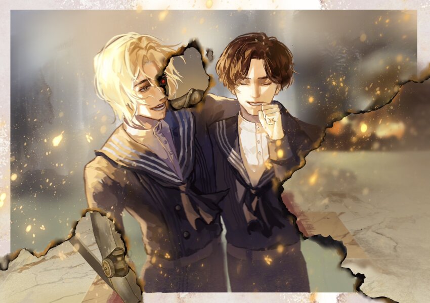 2boys, arm_around_shoulder, artificial_eye, blonde_hair, brown_hair, carlo_(lies_of_p), closed_eyes, embers