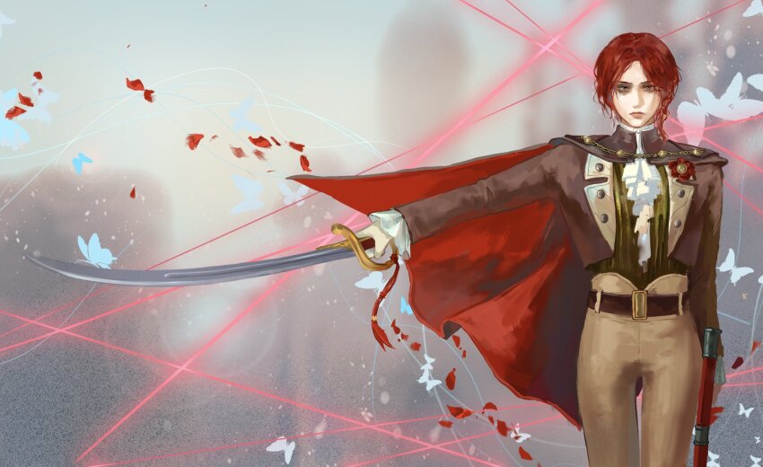 1girl, ascot, belt, blue_butterfly, brown_pants, bug, butterfly, cape