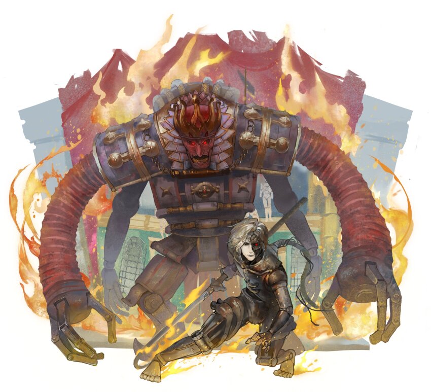 1boy, artificial_eye, blonde_hair, boss_fight, extra_arms, fire, glowing, glowing_eyes