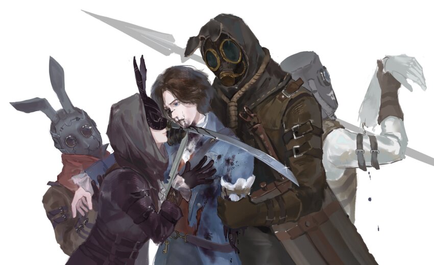 1girl, 4boys, animal_ears, battle_maniac_of_the_black_rabbit_brotherhood, black_hood, black_mask, blue_coat, blue_eyes