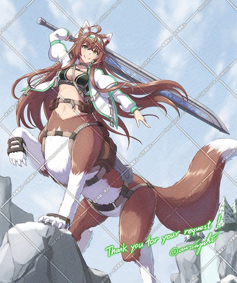 1girl, ahoge, animal_ears, arm_up, awaiyuhi, belt, belt_pouch, black_sports_bra