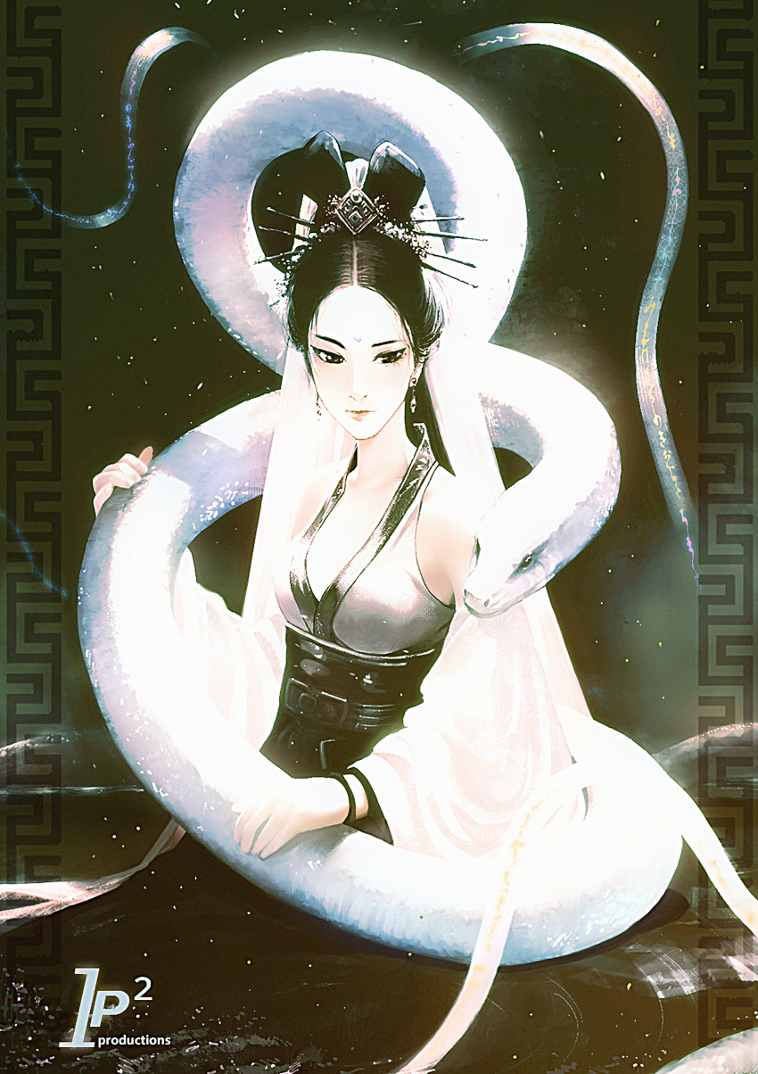 absurdres, china_dress, chinese_clothes, chinese_hairpin, chinese_mythology, demon_girl, dress, highres, monster_girl, non-web_source, nuwa_(chinese_mythology), official_art, official_wallpaper, original, poster_(object), ramen5000, self-upload, snake, snake_girl, wallpaper_(object)