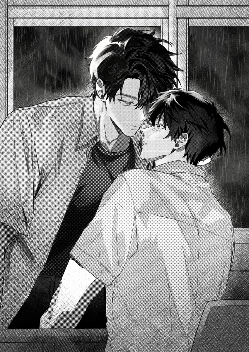 2boys, chair, coat, commentary_request, cowboy_shot, desk, film_grain, grey_coat