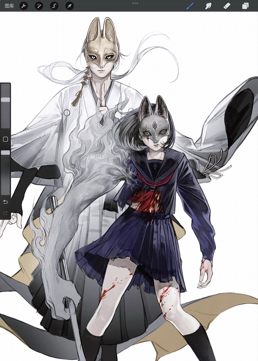 1boy, 1girl, art_program_in_frame, black_serafuku, earrings, fox_hinako, fox_mask, fox_mask_(silent_hill)