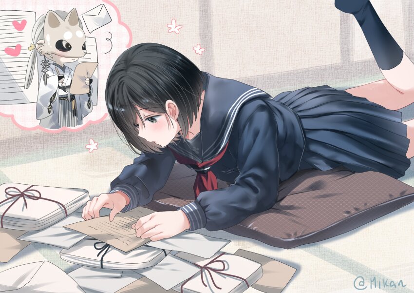1boy, 1girl, artist_name, black_hair, black_serafuku, black_socks, calligraphy_brush, fox_mask