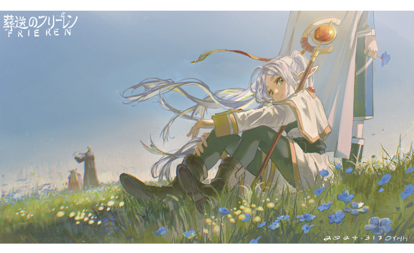 1girl, 3boys, absurdres, artist_name, black_boots, black_pantyhose, blue_flower, blue_sky