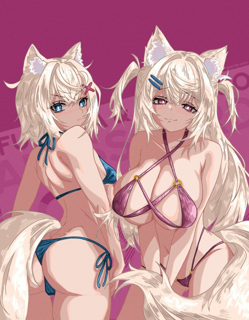:3, alternate_costume, animal_ear_fluff, animal_ears, ass, bare_shoulders, bikini, blonde_hair, blue_eyes, blush, breasts, dog_ears, dog_tail, frown, fuwawa_abyssgard, hair_ornament, hairclip, highres, hololive, hololive_english, large_breasts, long_hair, looking_at_viewer, medium_hair, mococo_abyssgard, nasterro, pink_eyes, siblings, side-tie_bikini_bottom, sisters, small_breasts, smirk, swimsuit, tail, two_side_up, virtual_youtuber
