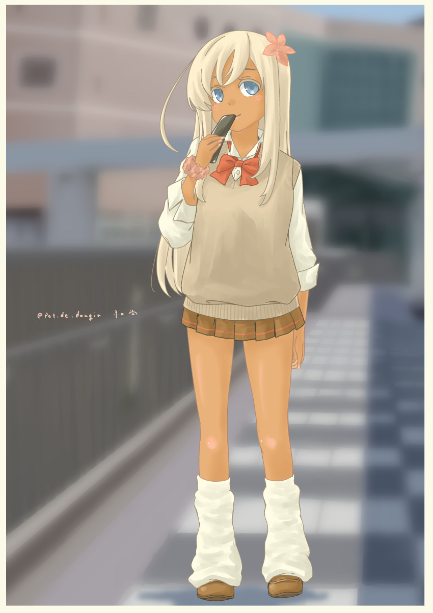 1girl, absurdres, alternate_costume, blonde_hair, blue_eyes, blurry, blurry_background, blush, border, bow, bowtie, brown_shoes, brown_skirt, brown_sweater_vest, cellphone, collared_shirt, commentary_request, crossed_bangs, day, dress_shirt, flip_phone, flower, full_body, gyaru, hair_flower, hair_ornament, highres, holding, holding_phone, kantai_collection, long_hair, long_sleeves, looking_at_viewer, loose_bowtie, loose_socks, microskirt, outdoors, phone, pink_flower, pleated_skirt, pot-de, real_world_location, red_bow, red_bowtie, ro-500_(kancolle), school_uniform, scrunchie, shadow, shirt, shoes, sidelocks, signature, skirt, smile, socks, solo, standing, sweater_vest, tan, twitter_username, very_long_hair, white_border, wrist_scrunchie, yokosuka