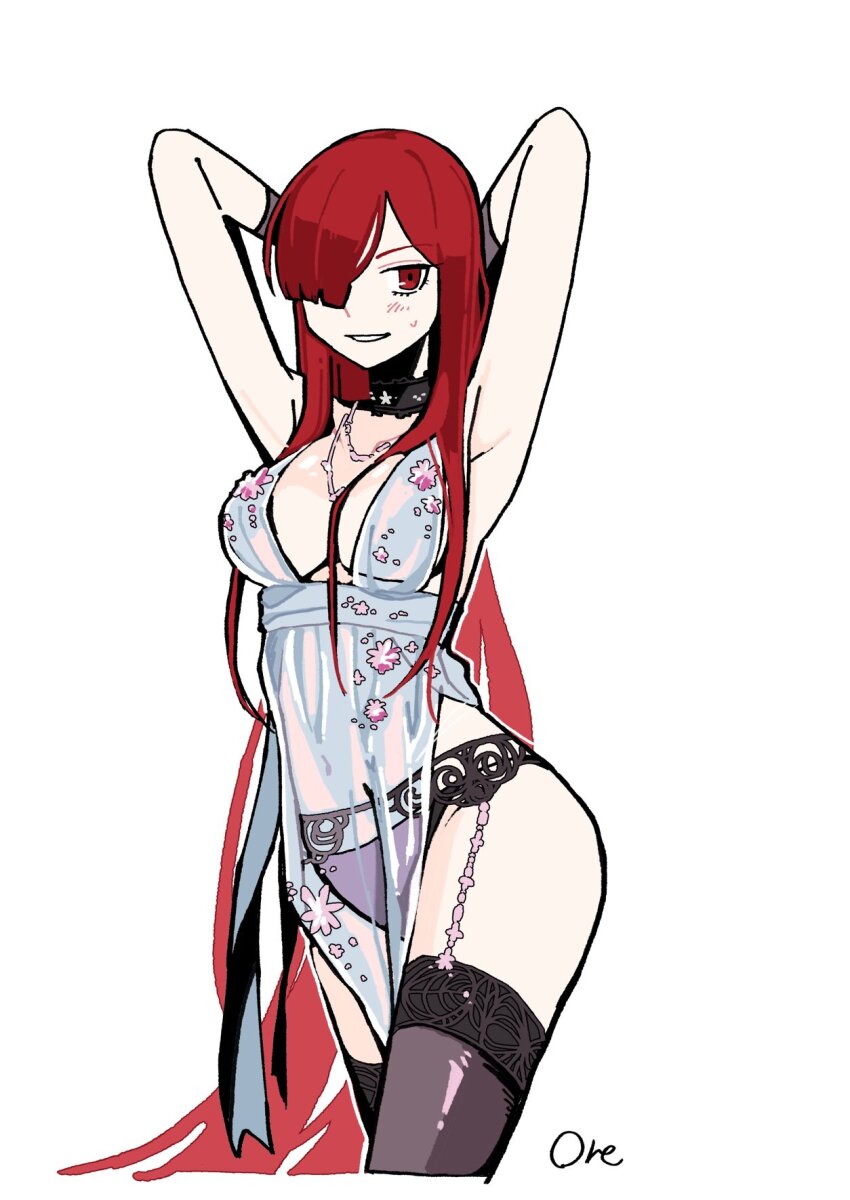 1girl, alternate_costume, armpits, arms_behind_head, artoria_pendragon_(fate), artoria_pendragon_(lancer_alter)_(fate), artoria_pendragon_(lancer_alter)_(fate)_(cosplay), artoria_pendragon_(royal_icing)_(fate), artoria_pendragon_(royal_icing)_(fate)_(cosplay), black_thighhighs, blush, breasts, cleavage, cosplay, fate/grand_order, fate_(series), goma1021, grin, hair_over_one_eye, highres, lingerie, long_hair, looking_at_viewer, medium_breasts, navel, oda_nobunaga_(fate), oda_nobunaga_(maou_avenger)_(fate), one_eye_covered, panties, red_eyes, red_hair, revealing_clothes, see-through_clothes, simple_background, smile, solo, thighhighs, underwear, white_background