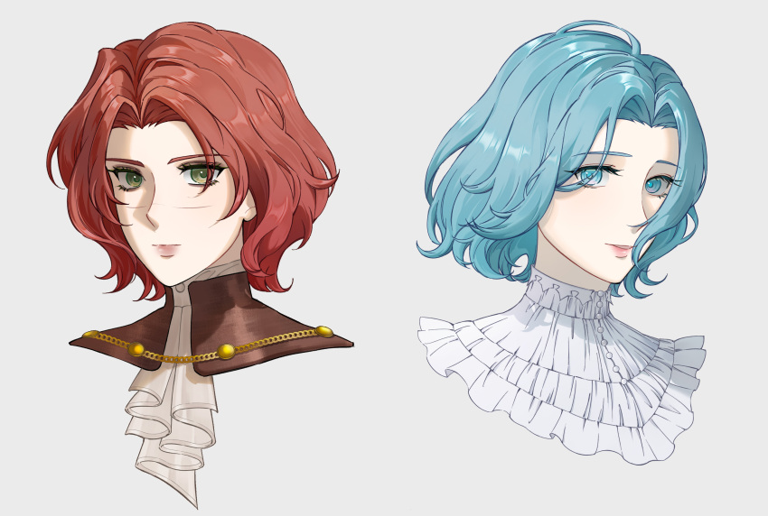 2girls, absurdres, alternate_hair_length, alternate_hairstyle, ascot, blue_eyes, blue_hair, commentary, green_eyes, grey_background, highres, irithyll8157351, lea_florence_monad, lies_of_p, lips, looking_at_viewer, multiple_girls, pink_lips, red_hair, scar, scar_on_face, siblings, simple_background, sisters, smile, sophia_monad, untranslatable_commentary, white_ascot