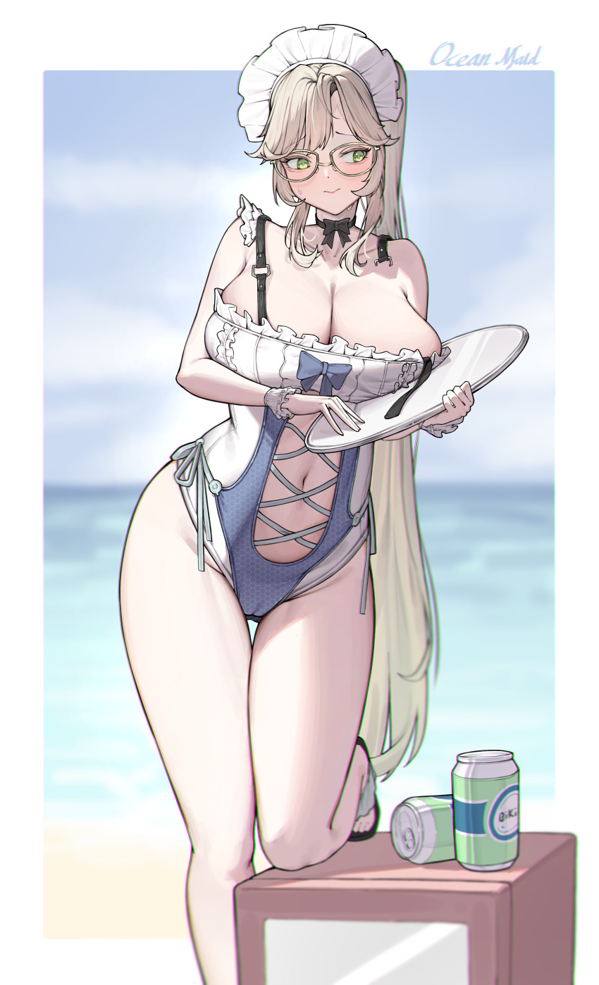 1girl, absurdres, ade_(nikke), alternate_costume, alternate_hairstyle, bare_shoulders, beach, black_bow