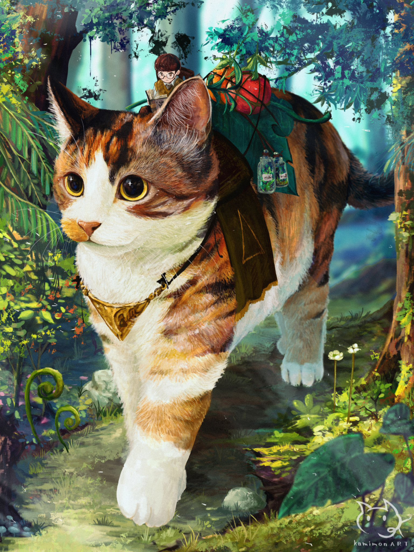 1boy, animal, animal_focus, artist_logo, artist_name, book, brown_hair, cat