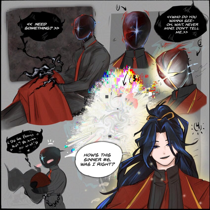 1other, black_shirt, blue_hair, coat, collared_shirt, dante_(limbus_company), english_text, high_ponytail