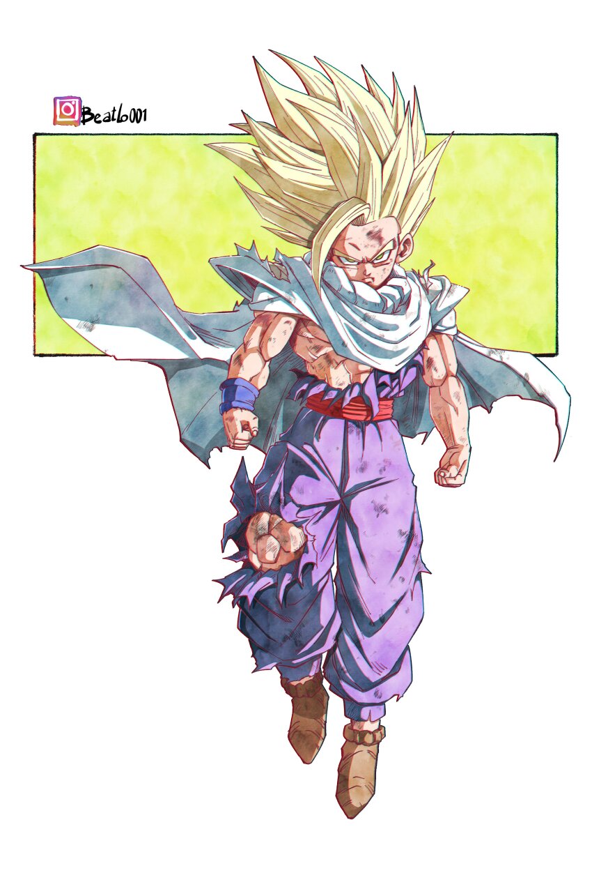 1boy, absurdres, beatlo_(rodrigo38658978), blonde_hair, brown_shoes, cape, dougi, dragon_ball