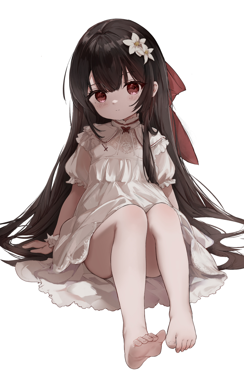 1girl, absurdres, barefoot, black_hair, bow, chinese_commentary, closed_mouth, commentary_request