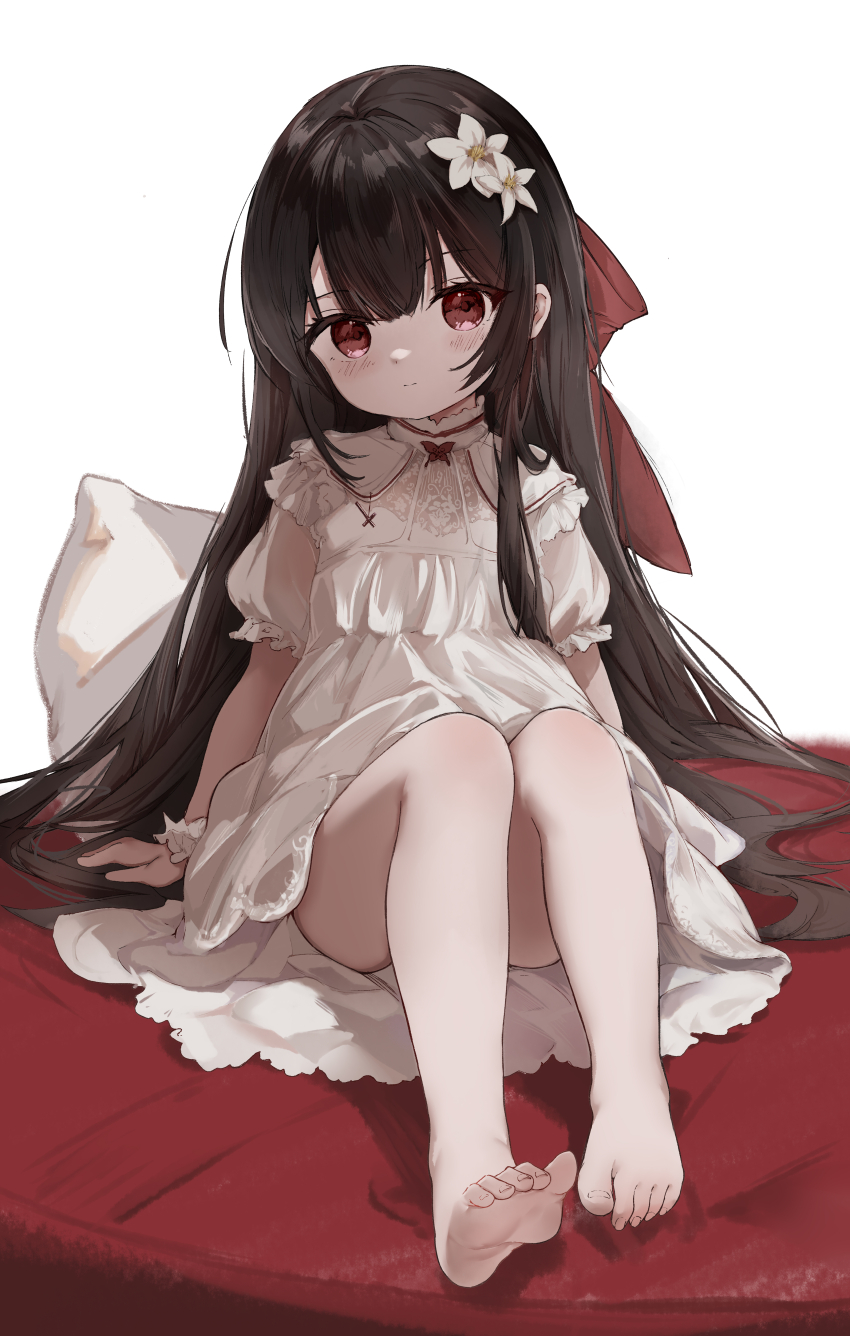 1girl, absurdres, barefoot, black_hair, bow, chinese_commentary, closed_mouth, commentary_request, dress, expressionless, feet, flower, frilled_sleeves, frills, full_body, hair_bow, hair_flower, hair_ornament, highres, kreirati, long_hair, looking_at_viewer, original, puffy_short_sleeves, puffy_sleeves, red_bow, red_eyes, short_sleeves, simple_background, sitting, soles, solo, toes, very_long_hair, white_background, white_dress, white_flower, white_wrist_cuffs, wrist_cuffs