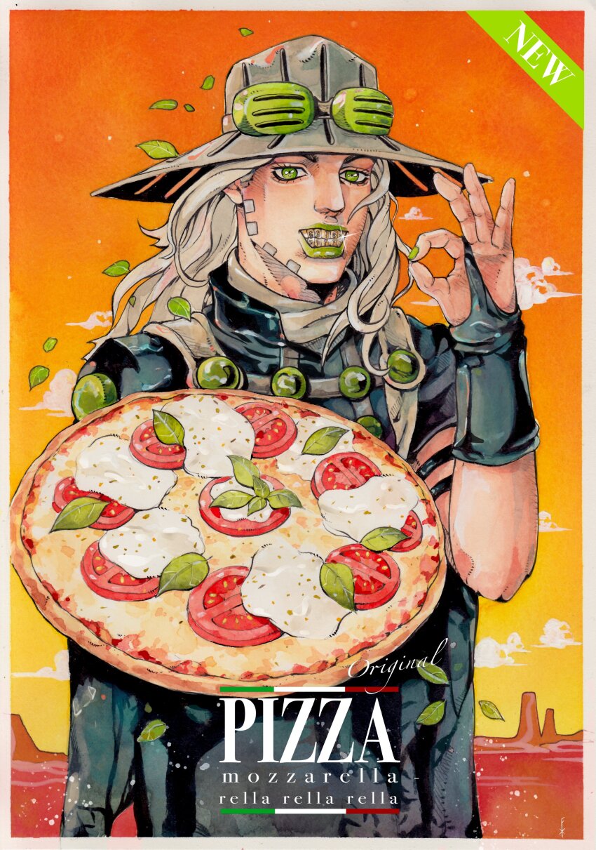 1boy, absurdres, beard, black_bridal_gauntlets, black_cape, black_shirt, bridal_gauntlets, cape, cheese_song_(meme), cloud, cloudy_sky, commentary, cowboy_hat, english_commentary, english_text, facial_hair, food, goggles, goggles_on_headwear, gold_teeth, green_eyes, green_lips, grey_hair, grey_hat, grills, gyro_zeppeli, hat, highres, holding, holding_food, holding_pizza, jojo_no_kimyou_na_bouken, leaf, long_hair, looking_at_viewer, makeup, male_focus, meme, ok_sign, orange_sky, pizza, shirt, short_sleeves, sky, solo, sparkle, steel_ball_run, tomato, tomato_slice, traditional_media, xfkart