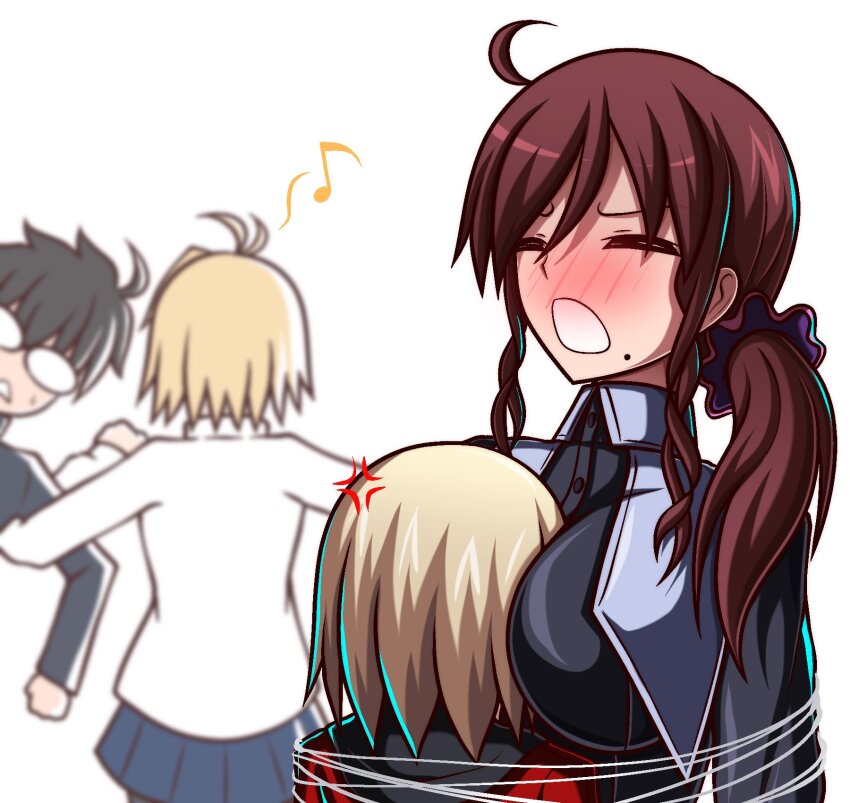 2boys, 2girls, ahoge, arcueid_brunestud, bdsm, between_breasts, blonde_hair, blue_skirt