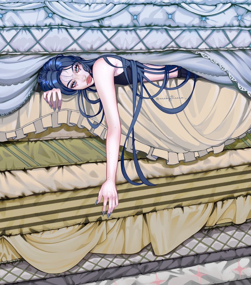 1girl, aegyo_sal, blue_eyes, blue_hair, blue_nails, east_asian, eyelashes, fingernails