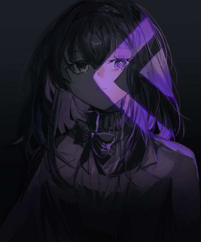 1girl, arknights, black_bow, black_eyes, black_hair, black_sweater, bow, closed_mouth