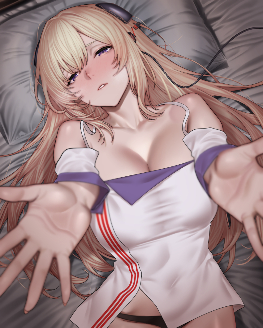 1girl, anakasakas, black_panties, blonde_hair, blush, breasts, collarbone, commentary_request