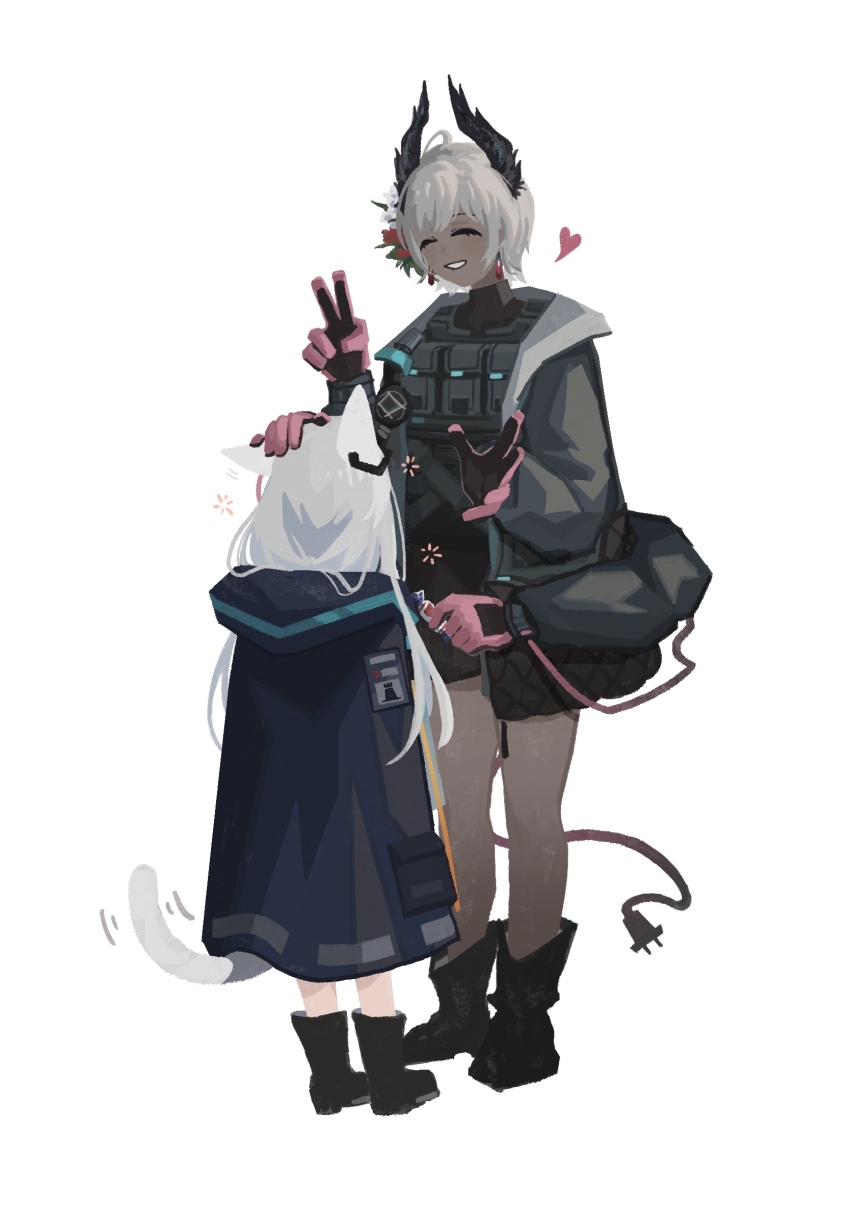 2girls, :d, ^_^, animal_ears, ankle_boots, arknights, black_boots, black_coat