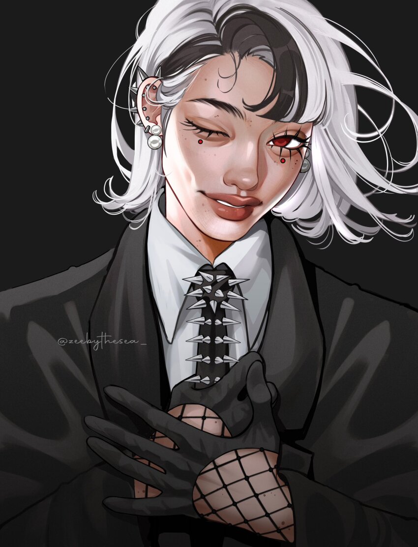 1girl, adjusting_clothes, adjusting_necktie, aegyo_sal, asymmetrical_bangs, black_background, black_gloves, black_jacket