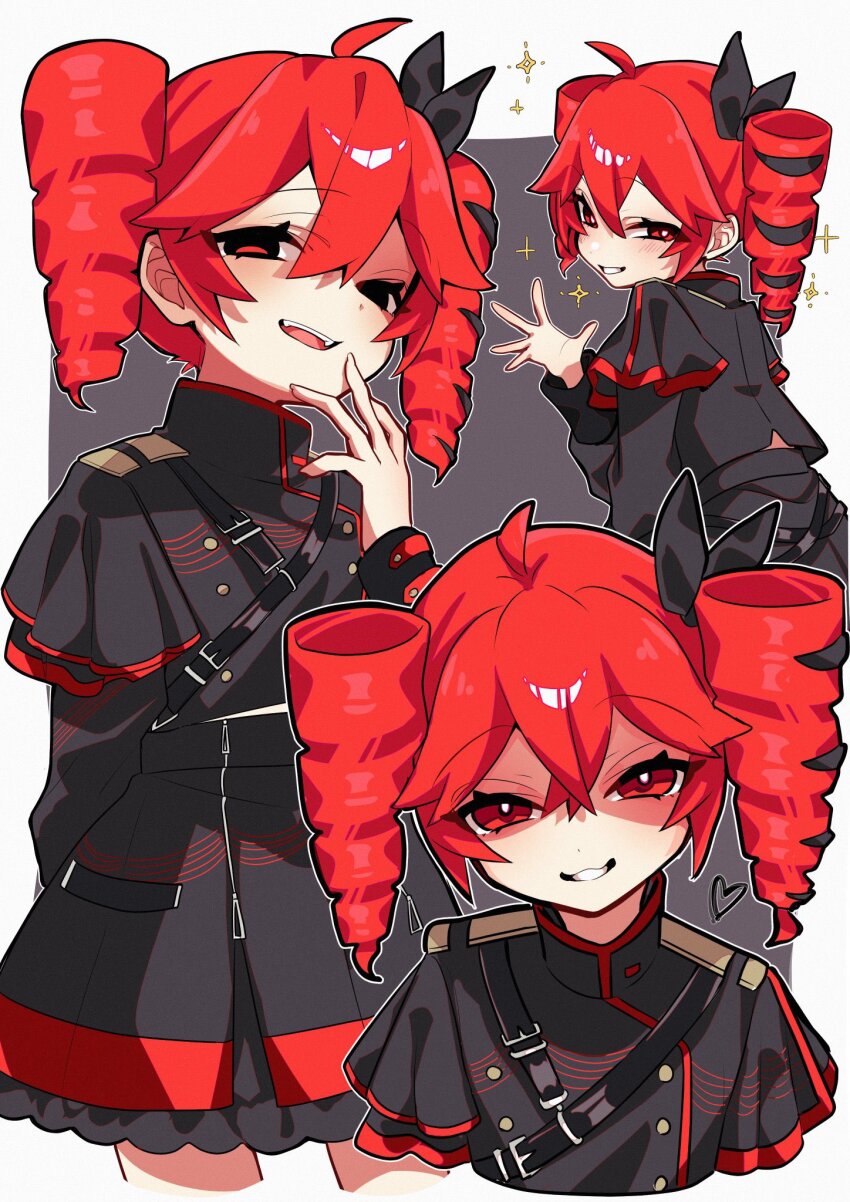 1girl, ahoge, alternate_color, black_bow, black_jacket, black_skirt, bow, buttons