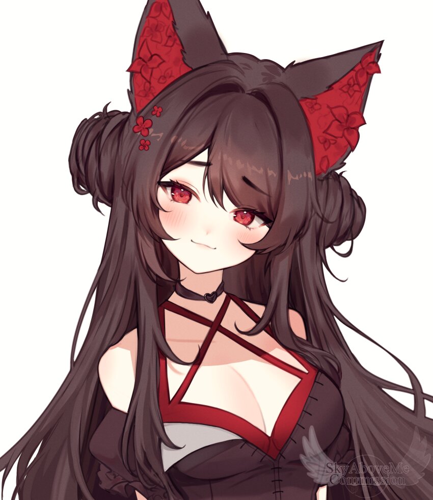1girl, absurdres, angelina_(vtuber), animal_ears, bare_shoulders, black_choker, black_dress, blush, breasts, brown_hair, choker, cleavage, closed_mouth, commentary, commission, dress, english_commentary, fox_ears, fox_girl, hair_ornament, highres, indie_virtual_youtuber, large_breasts, long_hair, looking_at_viewer, parted_bangs, red_eyes, simple_background, sky_above_me, smile, solo, upper_body, virtual_youtuber, white_background