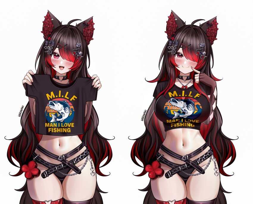 1girl, :d, ahoge, angelina_(vtuber), animal_ears, belt, black_belt, black_choker