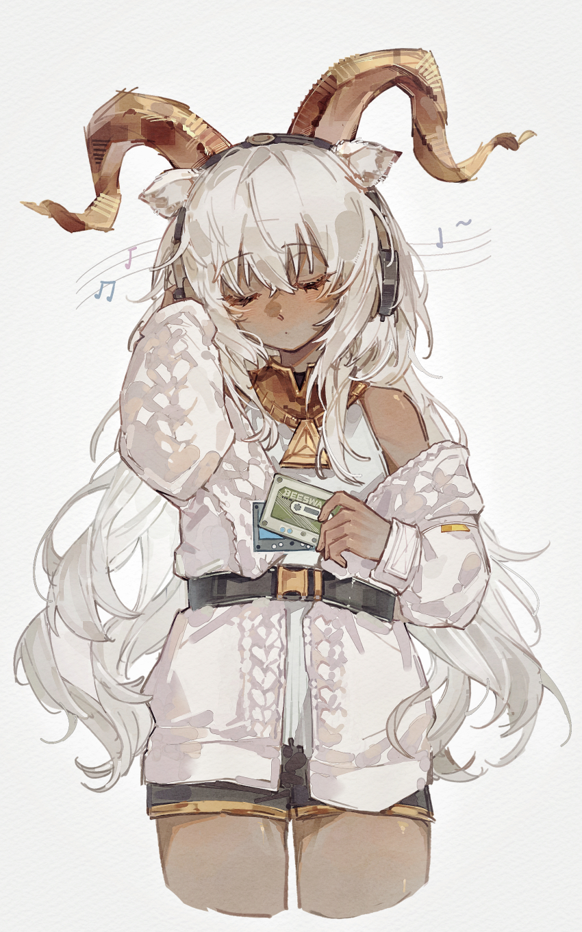 1girl, absurdres, animal_ears, arknights, beeswax_(arknights), belt, black_shorts, cassette_tape