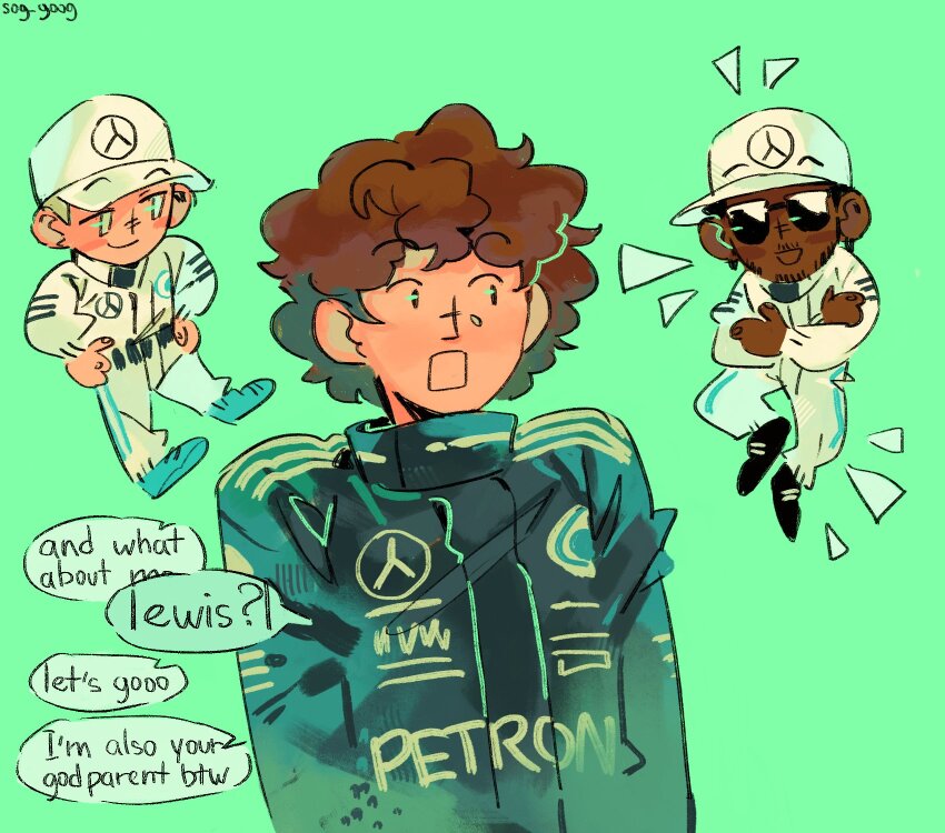 3boys, andrea_kimi_antonelli, aqua_background, artist_name, black_racing_suit, brown_eyes, brown_hair, closed_mouth, commentary, dark-skinned_male, dark_skin, english_commentary, english_text, floating, formula_one, highres, lewis_hamilton, looking_at_another, male_focus, mercedes-benz, multiple_boys, notice_lines, open_mouth, racing_suit, real_life, rectangular_mouth, simple_background, smile, sog_goog, speech_bubble, talking, valtteri_bottas